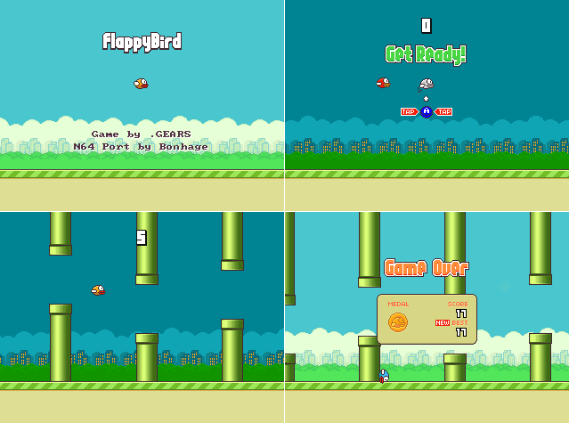 Screenshots of Flappy Bird menus and gameplay