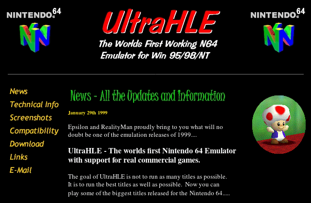 UltraHLE Website from 1999